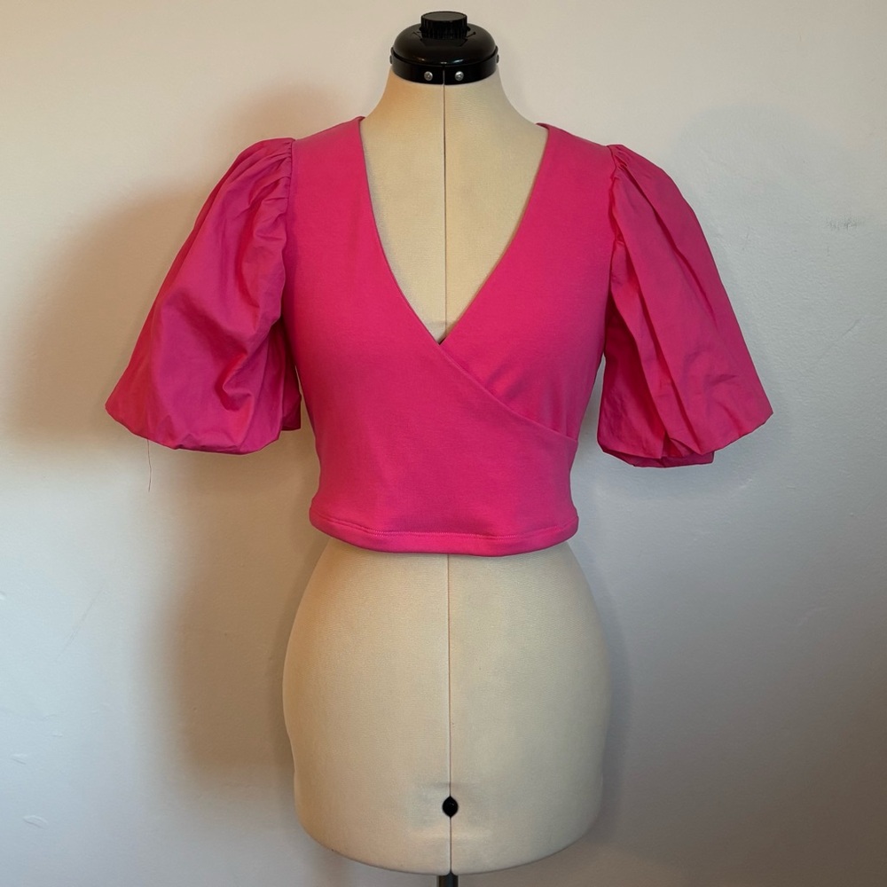 Maeve Anthropologie Puff-Sleeve Wrap Top, Women’s Barbie Pink V-neck, Size XS
